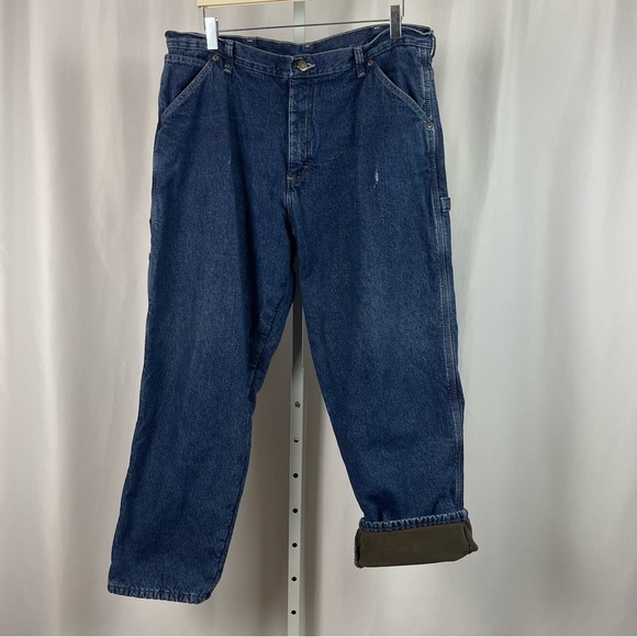 Wrangler 36x30 Fleece Lined Jeans Outdoor Chore Barn Winter Thick Warm Dark Wash - Picture 1 of 11